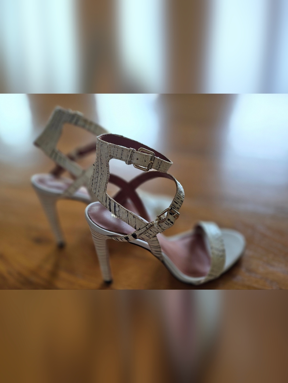 Rebecca Minkoff Mali Snake Print Strappy Sandals - Striped Heel - Size 7.5